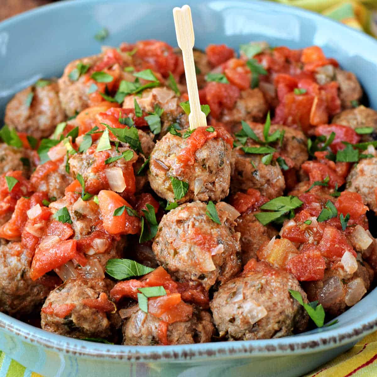 Meatballs with tomato sauce in a serving bowl.