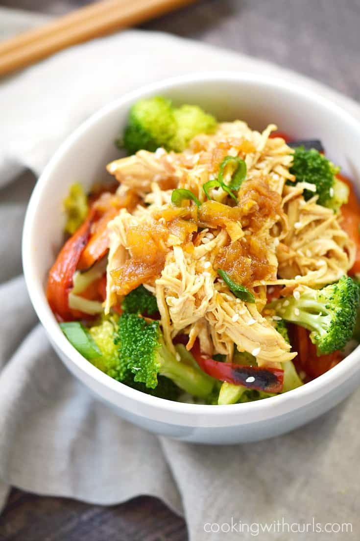 Instant Pot Teriyaki Chicken served over rice and sauteed vegetables | cookingwithcurls.com