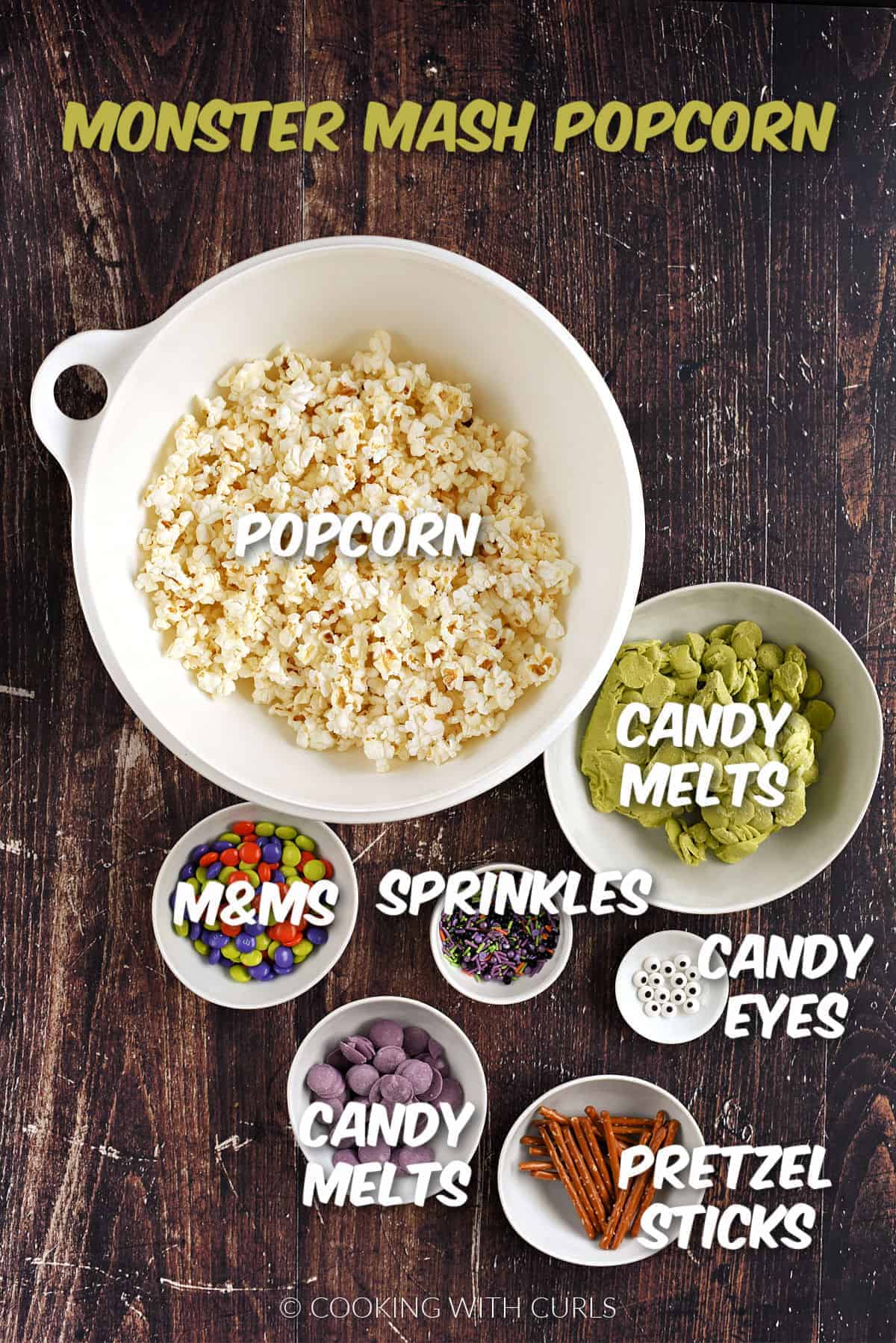 Popped popcorn, green and purple candy melts, m&ms, sprinkles, candy eyes and pretzel sticks.